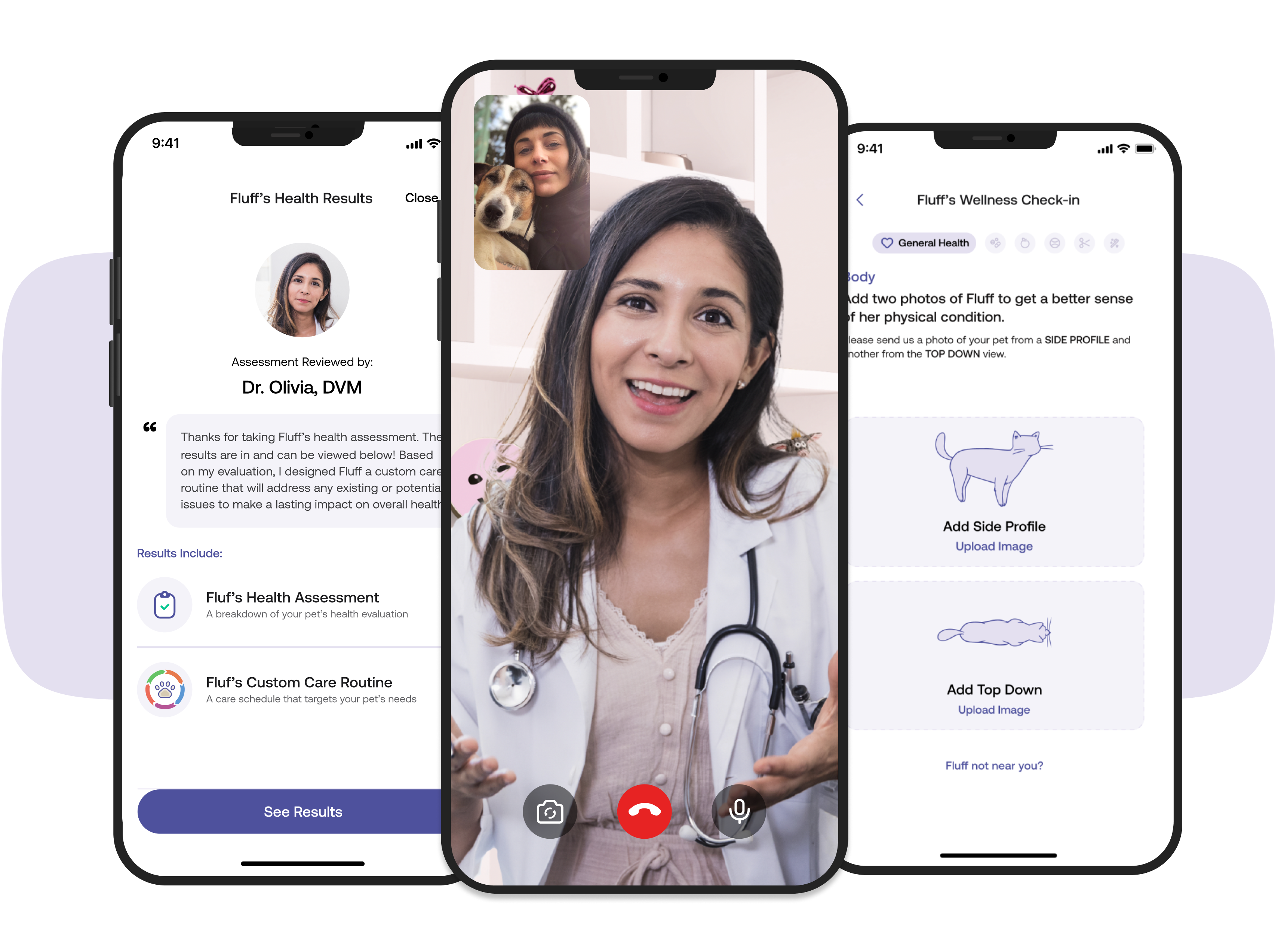 Three smart phones with scan-my-pet messages, a scan-my-pet video chat, and the scan-my-pet dashboard